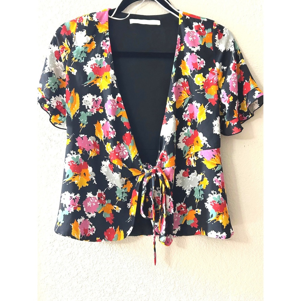 Zara Trafaluc Floral Tie Front Blouse Black Multi Color Short Flutter Sleeve XL